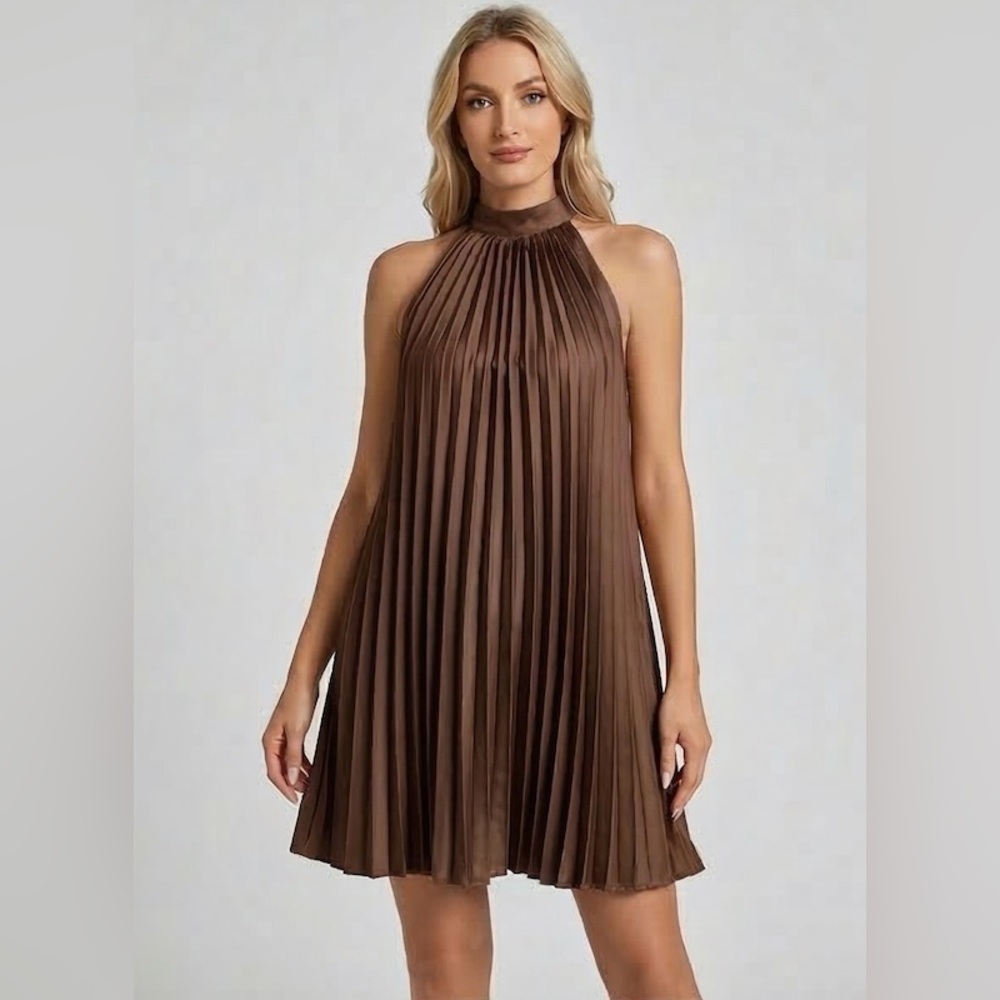 Tie Back Pleated Halter Dress Brown